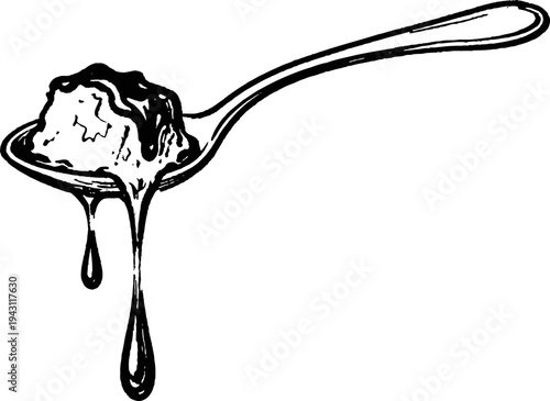 Spoon holding honey and a dollop of butter dripping liquid sweet natural food ingredient