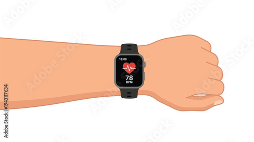 Close up of a hand wearing a smartwatch displaying a heart rate monitor.