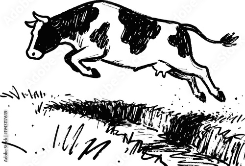 Cow jumping over a ditch hand drawn black and white sketch of a leaping farm animal outdoors