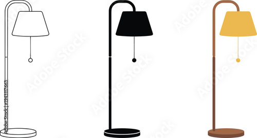 Modern floor lamp icon collection vector illustration, outline silhouette and colored standing light designs, home interior lighting decor, isolated background