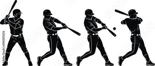 Baseball batting sequence silhouettes illustration player swing contact follow‑through athletic sports concept, flat vector illustration