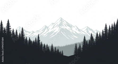 Mountain Landscape with Silhouetted Trees.