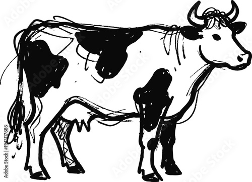 Hand drawn black and white sketch of a cow with distinctive spots and horns