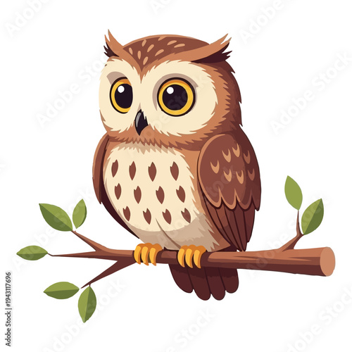 Cute cartoon owl perched on a branch with big eyes.