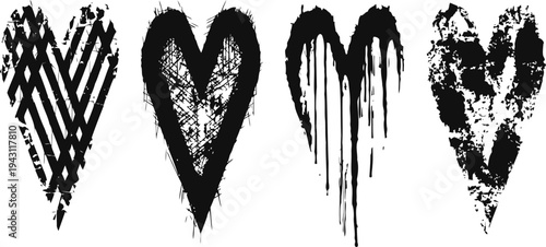 Set of four grungy black heart shapes with distressed and dripped paint textures