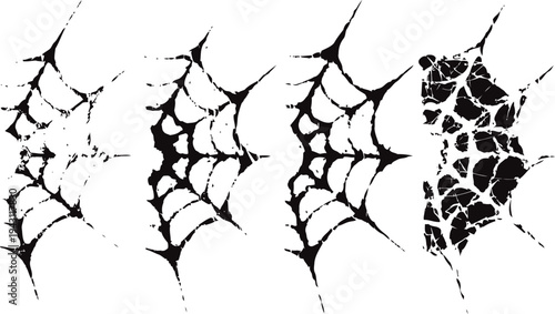 Progressive black spider web illustrations with grunge and distressed effects on white background