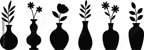 Silhouettes of Vases with Flowers on White Background illustration vector
