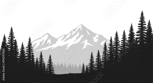 Mountain Landscape with Silhouetted Pine Trees.