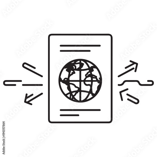 Minimalist International Passport Icon with Globe Symbol Representing Global Mobility, Migration, and Travel Freedom, Clean Black Line Art Illustration on White Background.