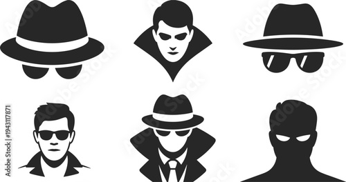 Six Black Silhouette Icons of Men in Hats and Sunglasses Keywords: man, men, silhouette, silhouettes, icon, icons, hat, hats