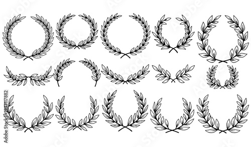 Black and White Laurel Wreath Botanical Branch Collection Hand Drawn Vector Elements