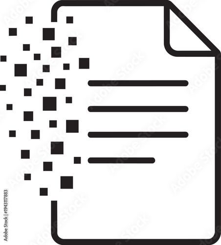 Digital document breaking into pixels illustrating smart contract cryptography and data transformation process in blockchain network