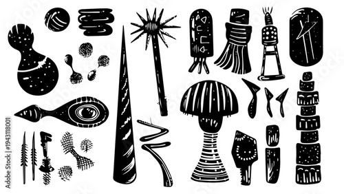 Doodle black linocut antenna and sci-fi different elements isolated, vintage elements vector set