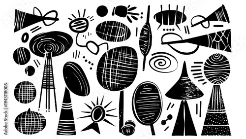 Doodle black linocut antenna and sci-fi different elements isolated, vintage elements vector set