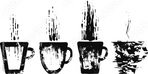 Four black coffee cup silhouettes with rising steam on white background