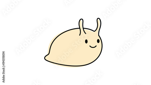 Minimalist and cute cartoon illustration of a beige slug or snail without a shell featuring a happy smiling face expression.