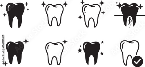 A set of vector line art tooth silhouettes with sparkles and a checkmark for dental health concepts