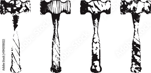 Set of four grunge hammer illustrations with distressed and textured design
