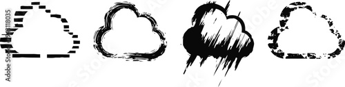 Black and white cloud icons in different sketchy hand drawn variations
