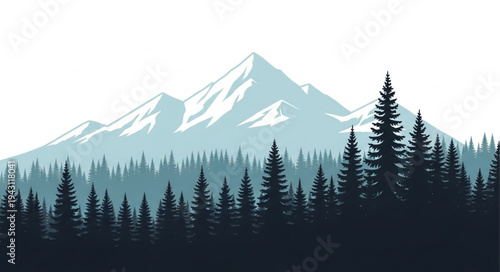 Mountain Landscape with Silhouetted Pine Trees.