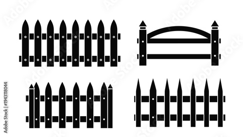 Collection of four different black silhouettes of wooden garden fences with various shapes and pointed tops on white background.
