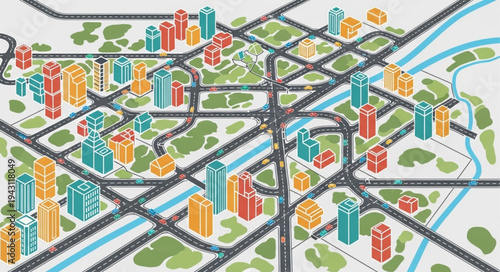 Cityscape Illustration with Buildings, Roads, and River.