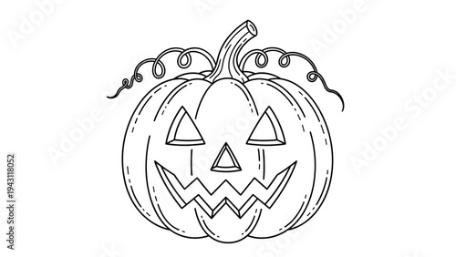 Detailed black and white line art illustration of a carved Halloween jack-o-lantern pumpkin with a spooky smiling face.