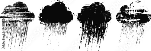 Set of four black rain clouds with different grunge textures and vertical streaks