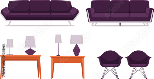 Modern living room furniture set vector illustration, sofa table lamp chair collection, home interior decoration elements, flat isolated design
