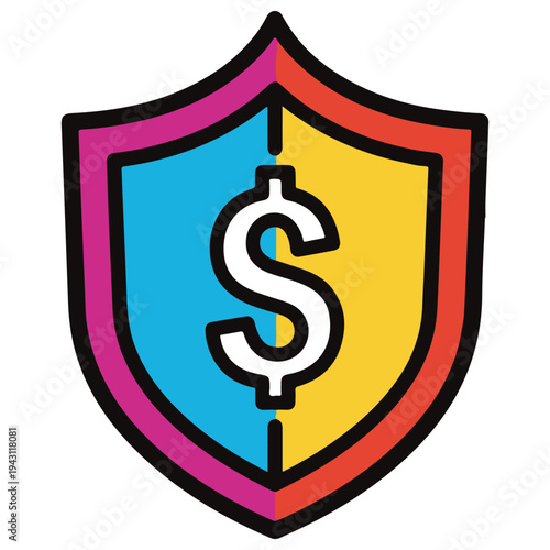 Colorful shield icon with dollar sign representing financial protection and asset security for business, banking, and insurance concepts in a vibrant flat vector design with bold outlines.