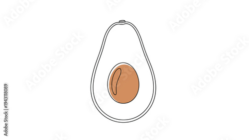 Minimalist line art drawing of an avocado half with a brown seed in the center featuring simple green outlines and shading.