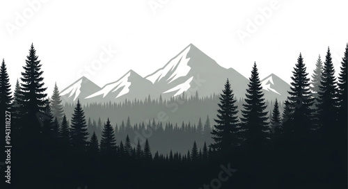 Mountain Landscape with Silhouetted Trees.