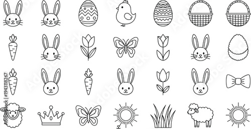 Easter line art icons set with bunny rabbit chick eggs basket sheep and spring flowers cad drawing flat vector illustration black.