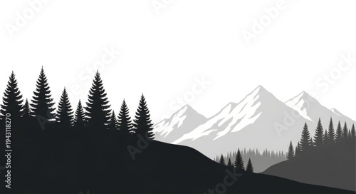 Mountain Landscape with Silhouetted Trees.