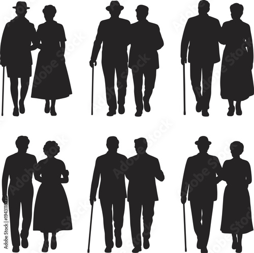 Elegant couple silhouette set walking together isolated on white background, vintage man and woman vector illustration collection