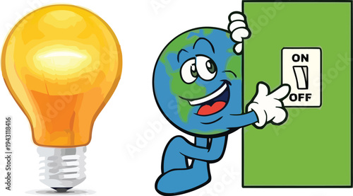 Earth cartoon character turning off light switch, energy saving concept, Save energy and protect the planet, vector illustration