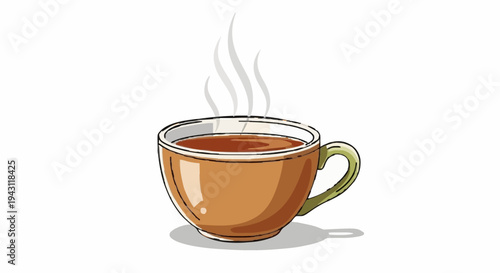 A warm, steaming cup of amber-colored herbal tea in a transparent glass mug with a green handle, emitting gentle wisps of steam