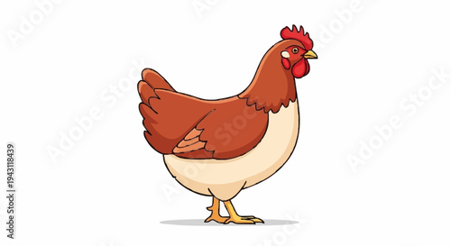 A cartoon illustration of a brown hen with a white chest and a red comb and wattle, standing on a white background