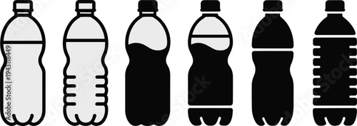 Plastic water bottle silhouette collection, beverage container packaging icon set, black vector drink bottles isolated design