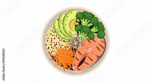 Vibrant and nutritious grilled salmon bowl illustration, featuring fresh avocado, broccoli, quinoa, and carrots, perfect for a balanced and healthy eating lifestyle