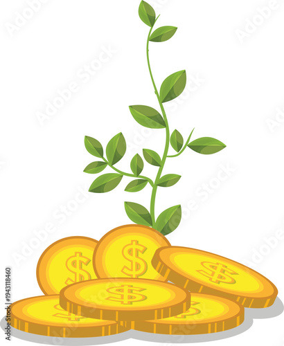 “A money tree concept with lush green leaves emerging from stacked coins, symbolizing passive income, business success, and economic growth, bright colors, simple and clean composition.”