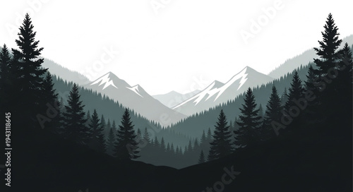 Mountain Landscape with Silhouetted Trees.