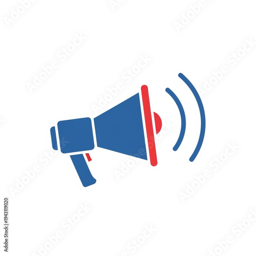 Blue Megaphone with Red Accent Emitting Sound Waves.