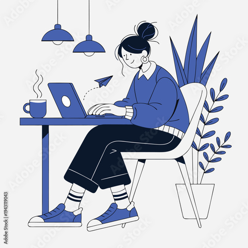 Woman Working on Laptop, Home Office, Freelance, Vector Illustration