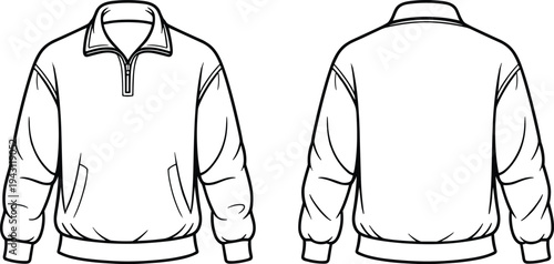 Quarter Zip Collar Sweatshirt CAD Drawing Flat Vector Illustration, Front and Back Technical Fashion Template Casual Pullover Design