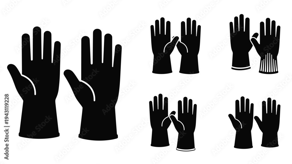 Fototapeta premium Collection of five different pairs of black silhouettes of gloves including work gloves and long cleaning gloves on white.