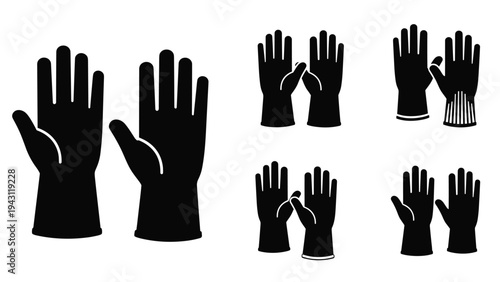 Collection of five different pairs of black silhouettes of gloves including work gloves and long cleaning gloves on white.