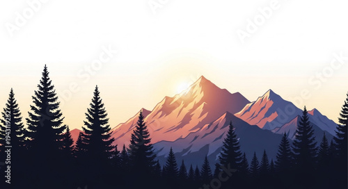 Mountain Landscape with Silhouetted Trees.