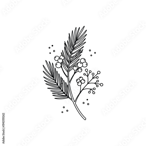Hand Drawn Botanical Branch with Leaves and Berries.