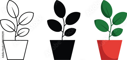 Potted plant icon set vector illustration, outline silhouette and colored houseplant symbols, modern botanical design elements, isolated on white